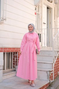 Önü Pileli Poplin Elbise  Pembe
