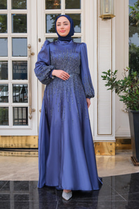 Önü Taş Aksesuarlı Abiye Lacivert