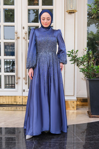 Önü Taş Aksesuarlı Abiye Lacivert