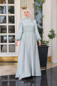 Önü Taş Aksesuarlı Abiye Su Yeşil