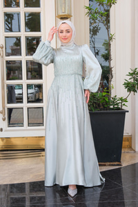 Önü Taş Aksesuarlı Abiye Su Yeşil