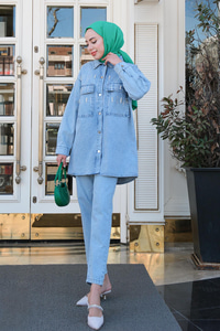 Önü Taş Aksesuarlı İkili Takım Buz Mavi