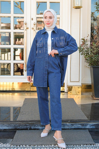 Önü Taş Aksesuarlı İkili Takım Koyu Mavi