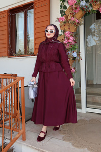 Önü Taş Detay Gizli Düğmeli Bel Bağlamalı Etekli Takım Mürdüm