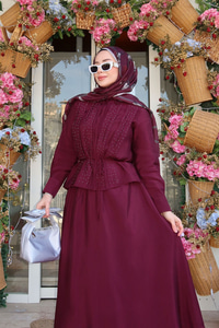 Önü Taş Detay Gizli Düğmeli Bel Bağlamalı Etekli Takım Mürdüm