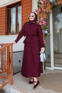 Önü Taş Detay Gizli Düğmeli Bel Bağlamalı Etekli Takım Mürdüm