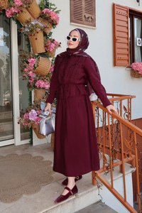 Önü Taş Detay Gizli Düğmeli Bel Bağlamalı Etekli Takım Mürdüm