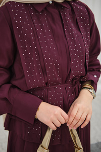 Önü Taş Detay Gizli Düğmeli Bel Bağlamalı Etekli Takım Mürdüm