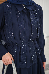 Önü Taş Detay Gizli Düğmeli Bel Bağlamalı Etekli Takım Lacivert