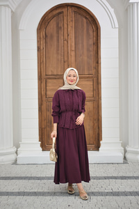 Önü Taş Detay Gizli Düğmeli Bel Bağlamalı Etekli Takım Mürdüm