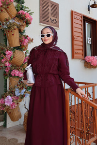 Önü Taş Detay Gizli Düğmeli Bel Bağlamalı Etekli Takım Mürdüm