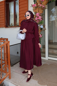 Önü Taş Detay Gizli Düğmeli Bel Bağlamalı Etekli Takım Mürdüm