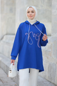 Önü Taş Detaylı Sweat Saks Mavi