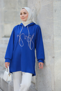 Önü Taş Detaylı Sweat Saks Mavi