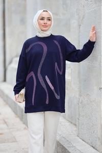 Önü Taş Detaylı Tunik Lacivert