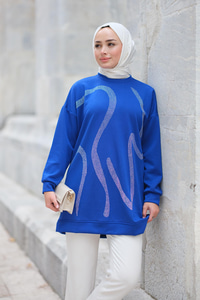 Önü Taş Detaylı Tunik Saks Mavi