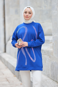 Önü Taş Detaylı Tunik Saks Mavi