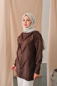 Önü V Detaylı Tunik Kahverengi