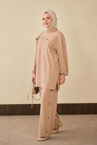 Önü Yan Çıtçıt Detay Dik Yaka Takım Vizon