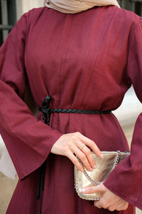 Örgü Bağlamalı Keten Elbise Bordo