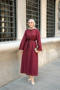 Örgü Bağlamalı Keten Elbise Bordo