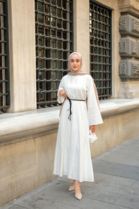 Örgü Bağlamalı Keten Elbise Ekru