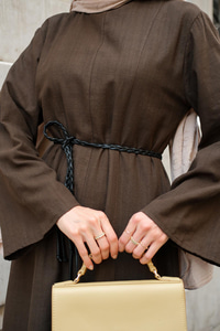 Örgü Bağlamalı Keten Elbise Kahverengi