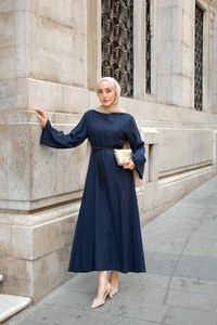 Örgü Bağlamalı Keten Elbise Lacivert