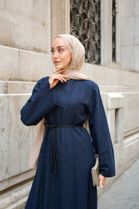 Örgü Bağlamalı Keten Elbise Lacivert