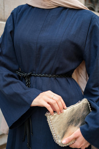 Örgü Bağlamalı Keten Elbise Lacivert