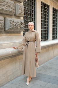 Örgü Bağlamalı Keten Elbise Vizon