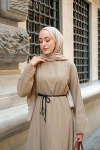 Örgü Bağlamalı Keten Elbise Vizon