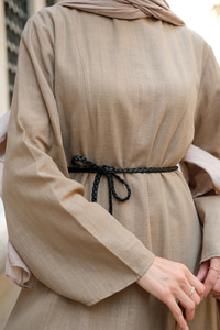 Örgü Bağlamalı Keten Elbise Vizon