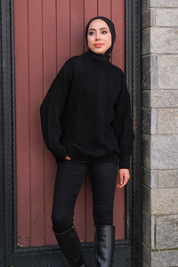 Örgü Desen Bisiklet Yaka Kazak Siyah