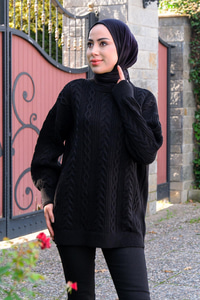 Örgü Desen Bisiklet Yaka Kazak Siyah