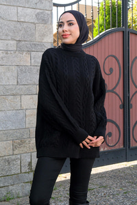 Örgü Desen Bisiklet Yaka Kazak Siyah