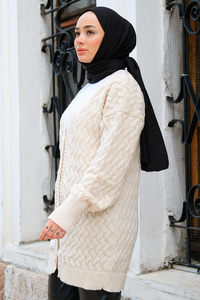 Örgü Desen Düğmeli Hırka  Krem