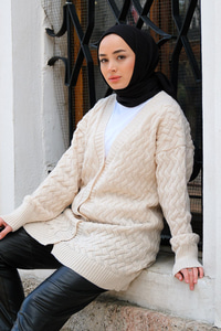 Örgü Desen Düğmeli Hırka  Krem