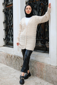 Örgü Desen Düğmeli Hırka  Krem