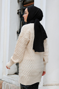 Örgü Desen Düğmeli Hırka  Krem