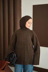 Örgü Desenli Triko Tunik Kahverengi