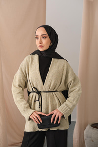 Örgü Detay Bel Bağlamalı Hırka Krem