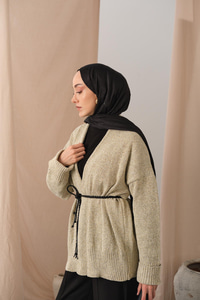 Örgü Detay Bel Bağlamalı Hırka Krem