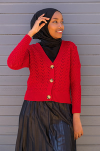 Uygun Fiyatlı ORGU DETAY DUGMELI HIRKA KIRMIZI | Loccomoda.com 