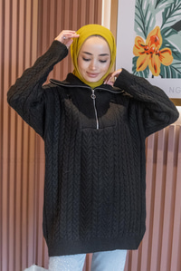 Uygun Fiyatlı ORGU DETAYLI FERMUARLI TRIKO TUNIK SIYAH | Loccomoda.com 