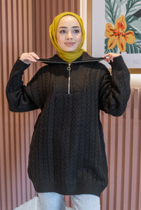 Uygun Fiyatlı ORGU DETAYLI FERMUARLI TRIKO TUNIK SIYAH | Loccomoda.com 