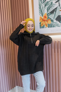 Uygun Fiyatlı ORGU DETAYLI FERMUARLI TRIKO TUNIK SIYAH | Loccomoda.com 