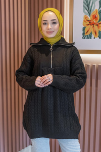 Uygun Fiyatlı ORGU DETAYLI FERMUARLI TRIKO TUNIK SIYAH | Loccomoda.com 