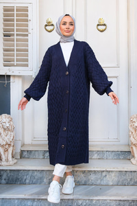 ORGU DETAYLI UZUN HIRKA LACIVERT