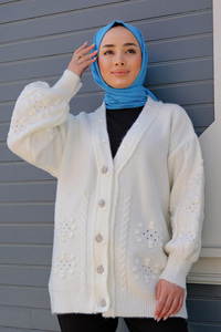 Örme Detay Triko Hırka Beyaz